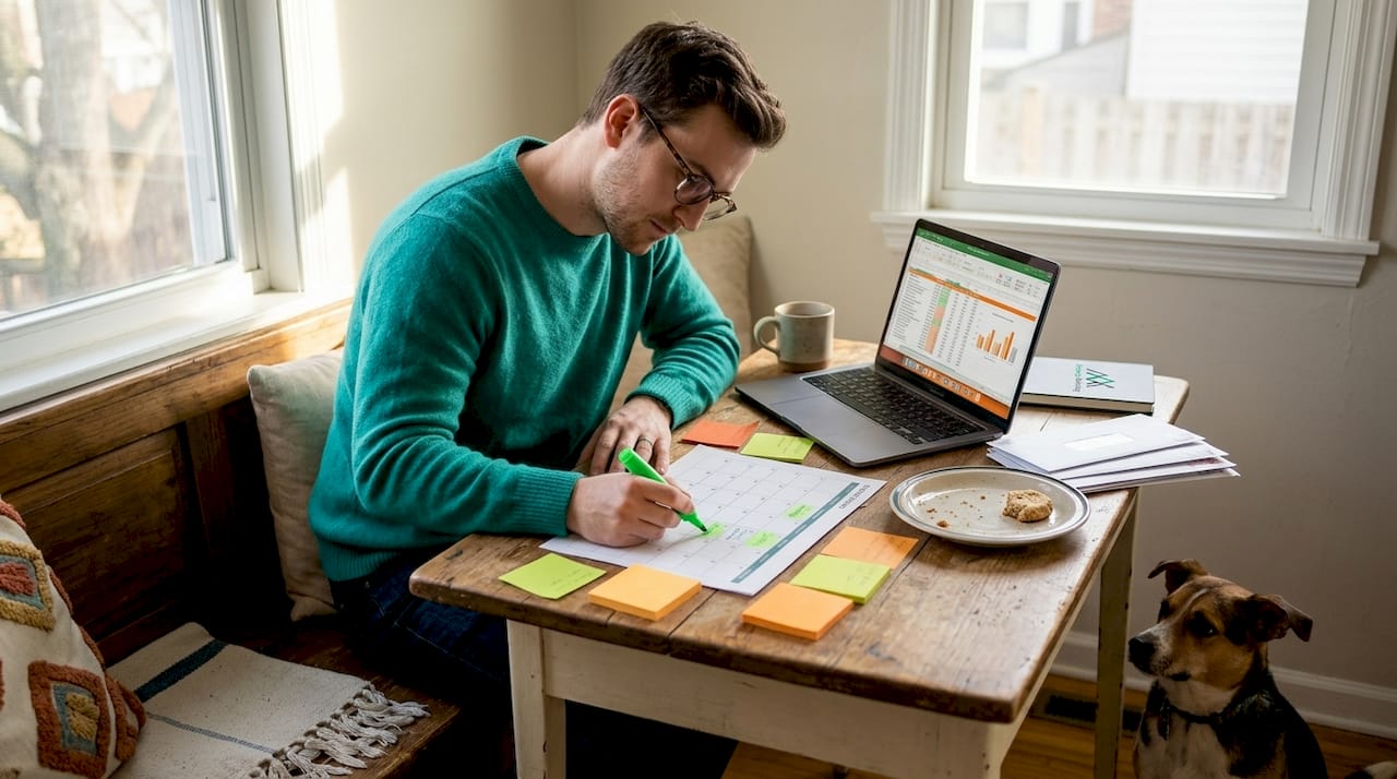 Man highlighting content calendar at home desk
