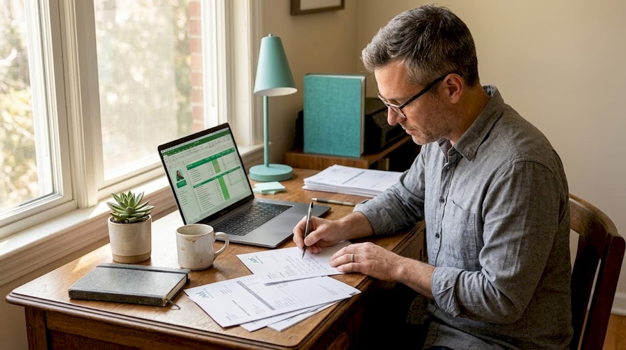 Owner reviews website maintenance financial paperwork