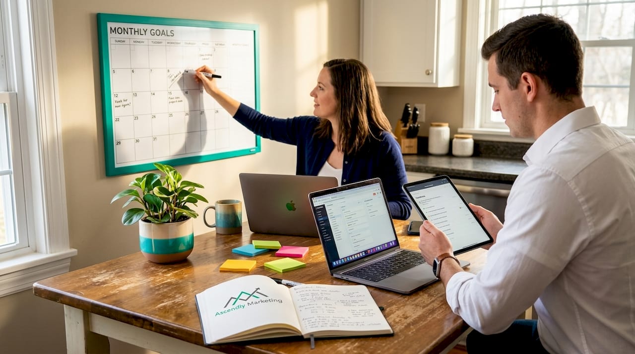 Team planning content calendar in office kitchen
