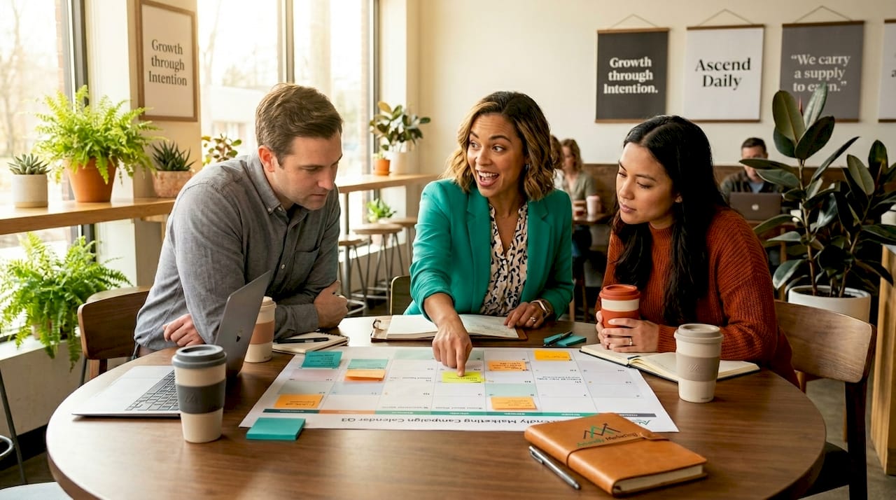 Team reviews master campaign calendar together