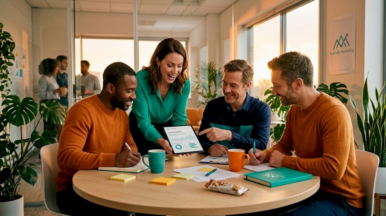 Team sharing customer insights in meeting
