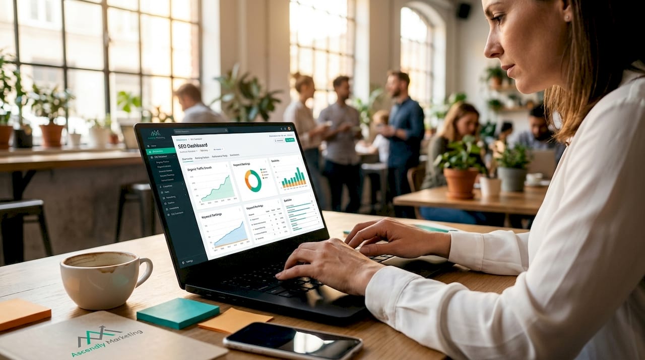 Woman using laptop seo dashboard with graphs visible