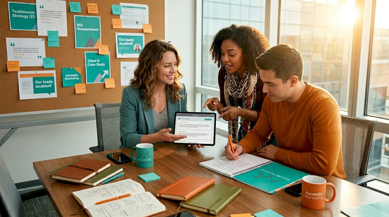 Marketing team analyzing testimonials collaboratively