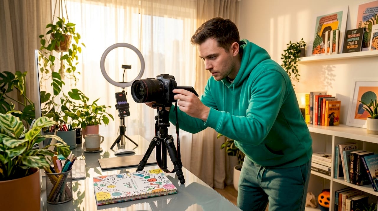 Content creator setting up video recording