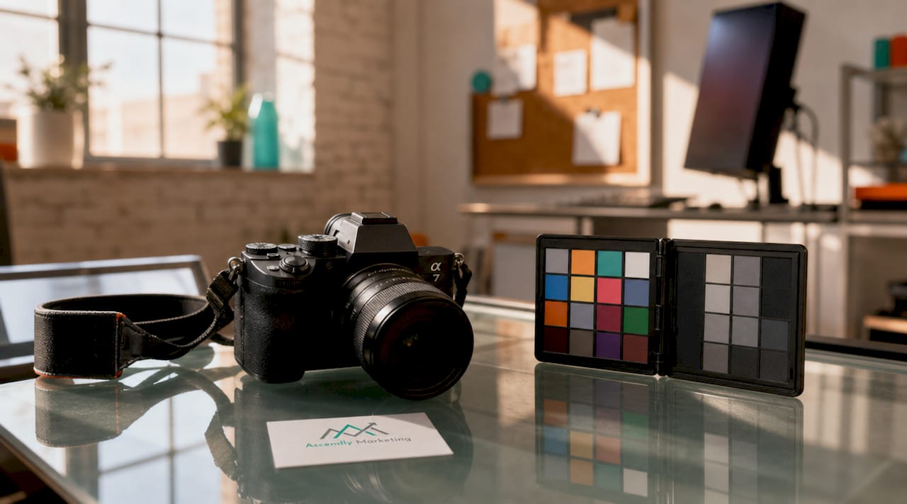 Photography tools for hero image optimization on wooden table