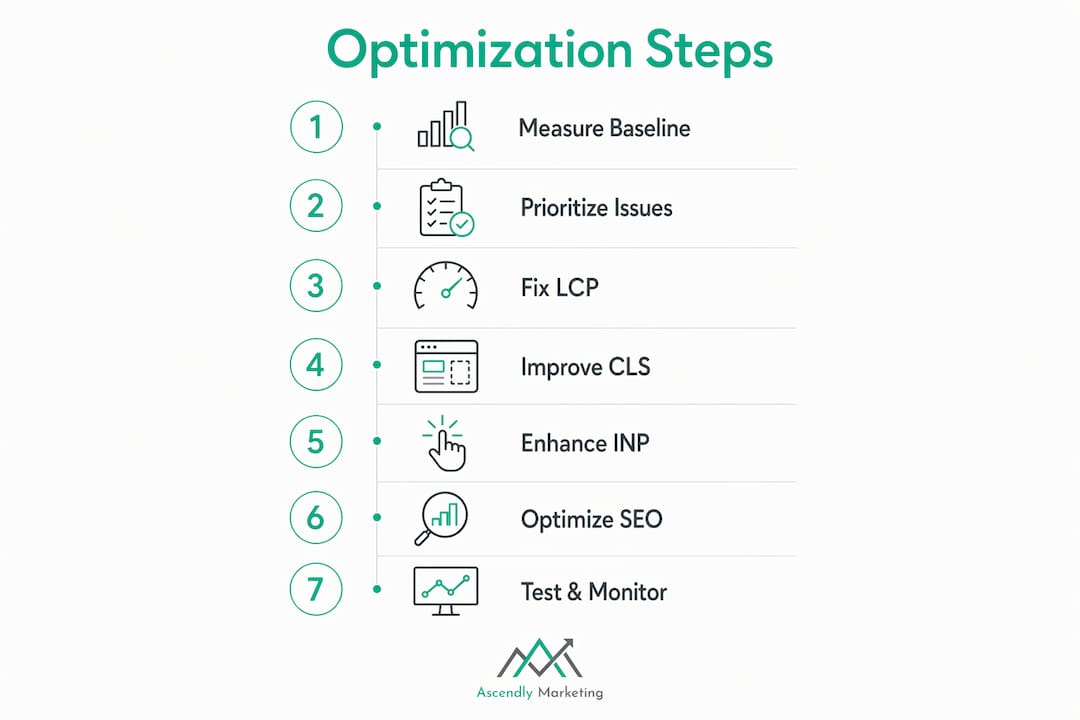Infographic showing step-by-step website optimization workflow for smbs