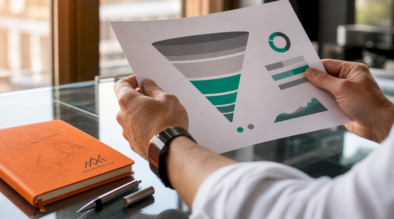 Hands holding client acquisition funnel chart