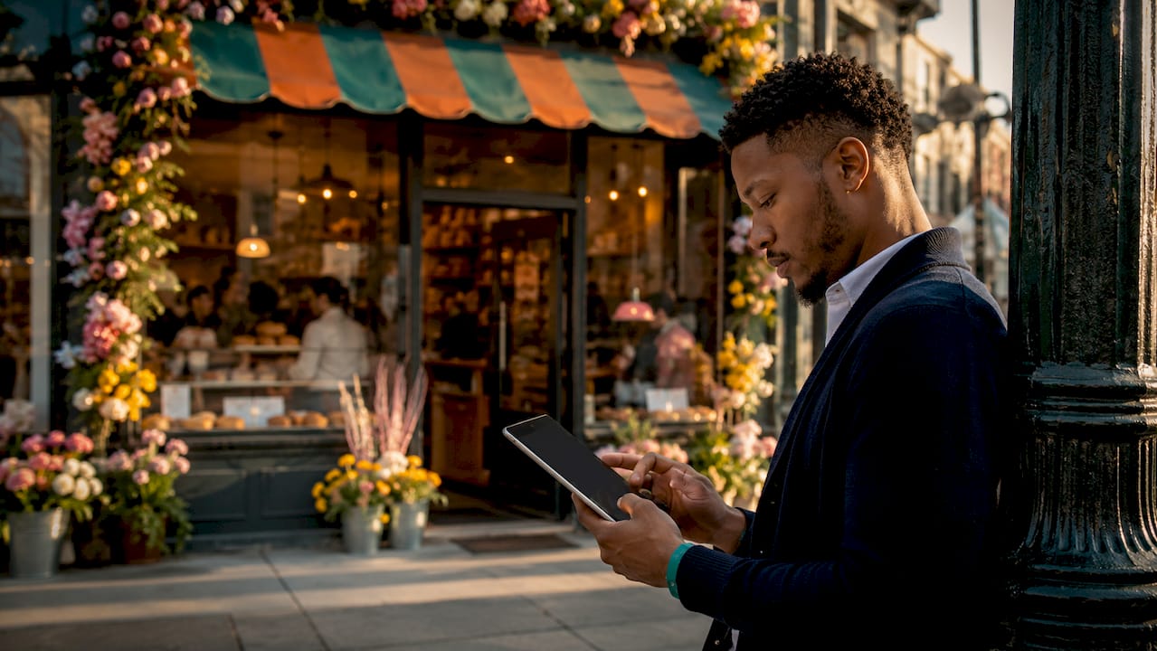 Bakery owner using tablet for marketing outdoors