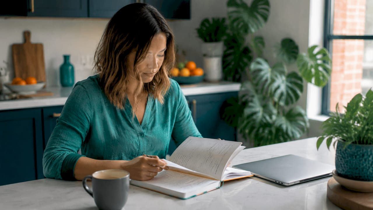 Hands holding notebook with search intent notes