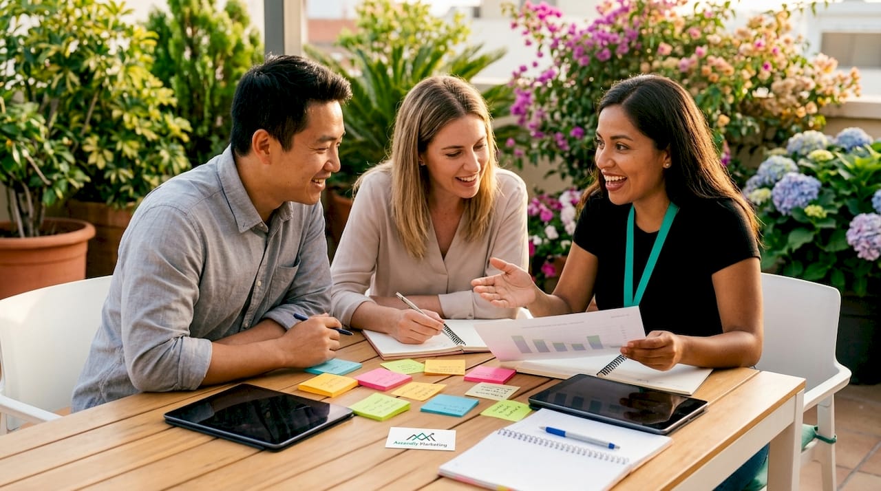 Diverse team discussing content ideas together