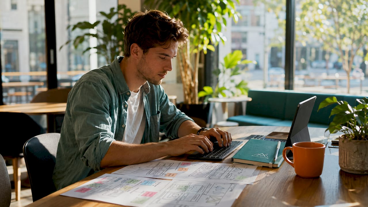 Hands working on website domain and hosting setup
