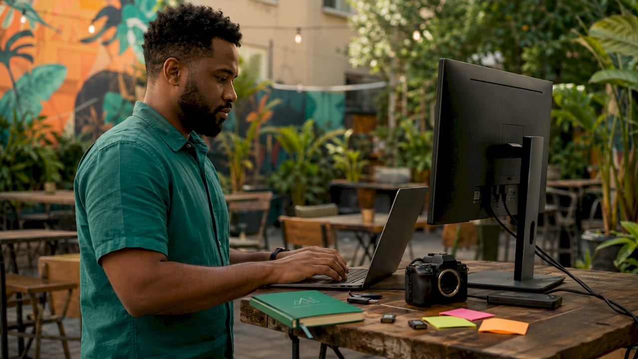 Man optimizing images at tech office desk