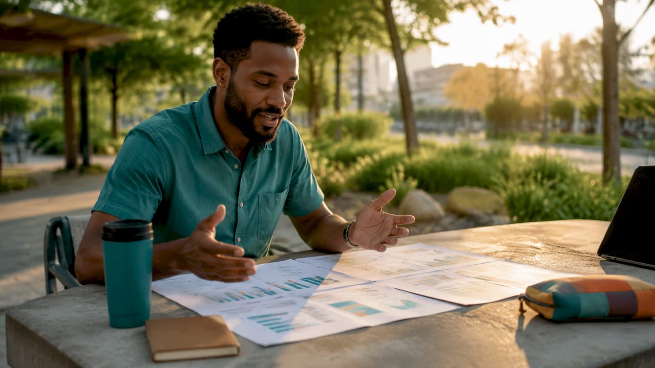 Hands pointing at shared keyword data sheets