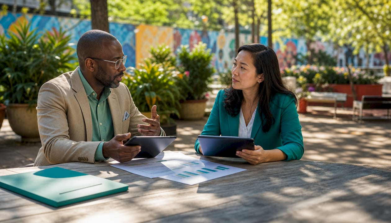 Colleagues discussing ai service categories
