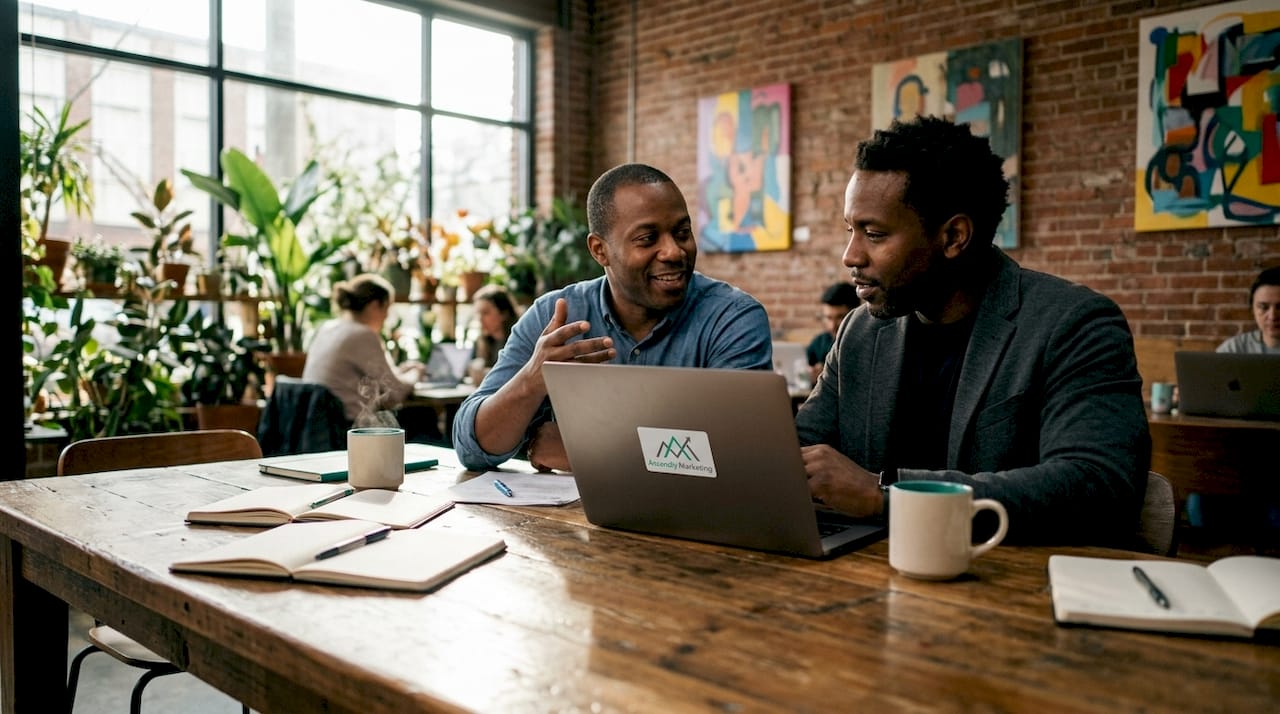 Small business owners discussing marketing plans