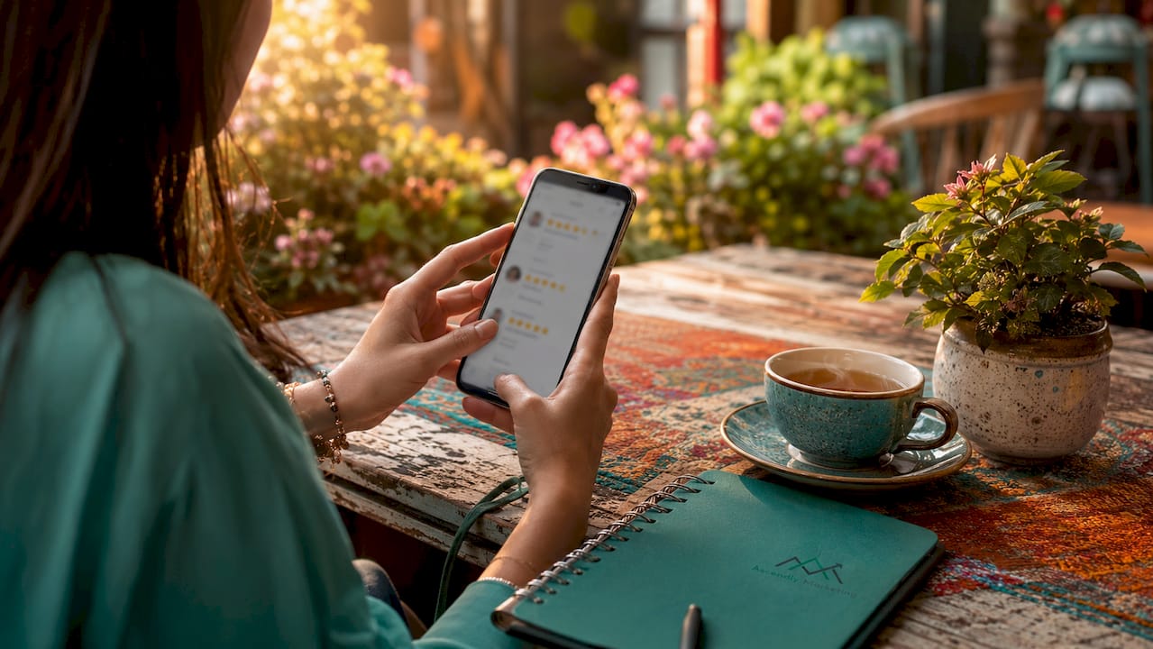 User scrolling customer reviews on smartphone in café
