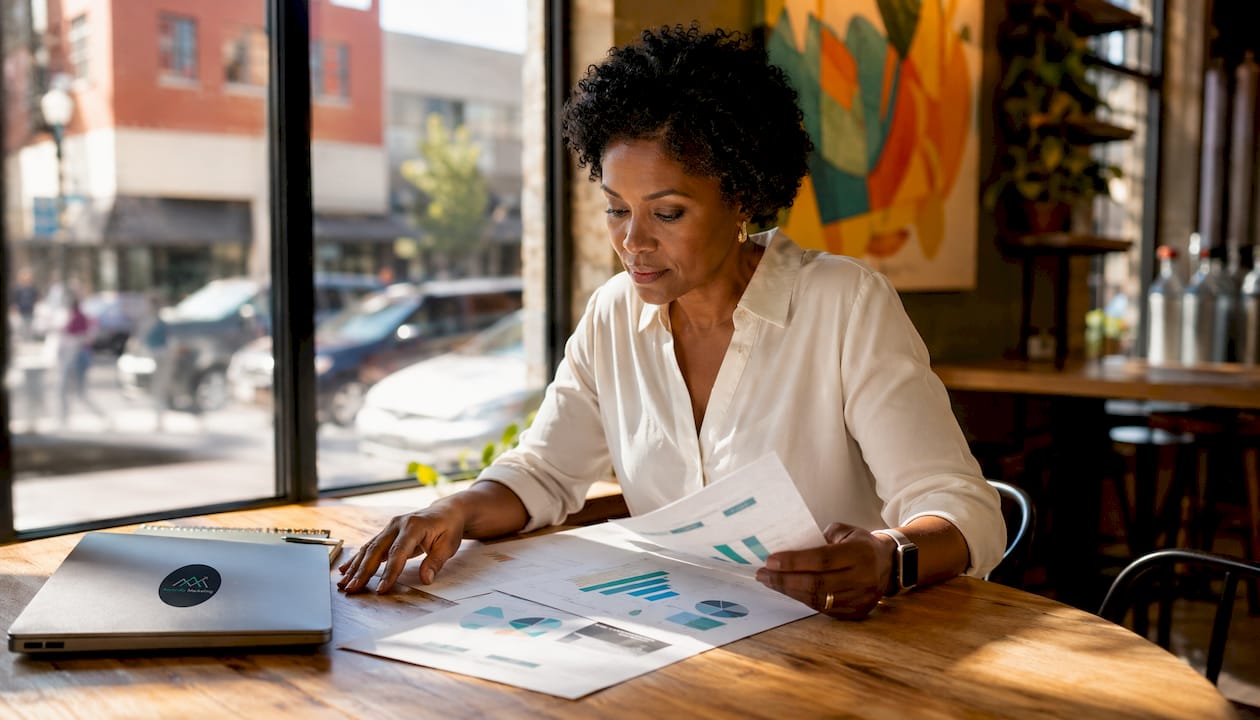 Woman analyzing marketing data at office table