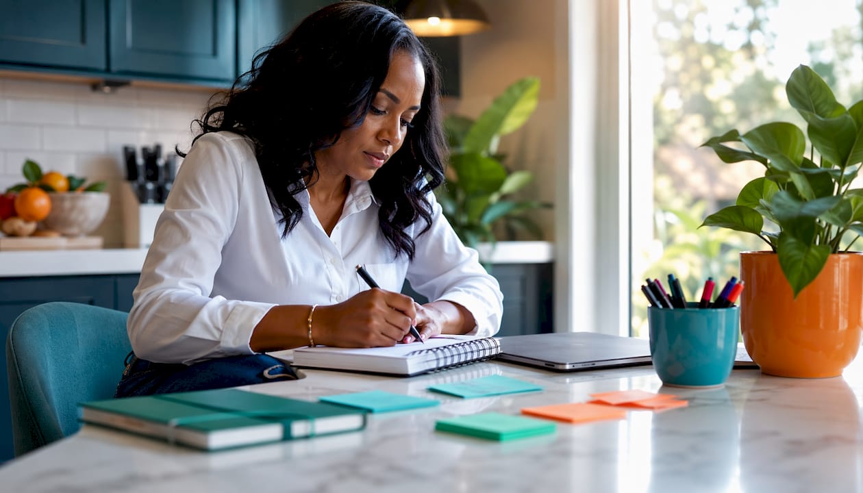 Man writing marketing kpi definitions at home desk