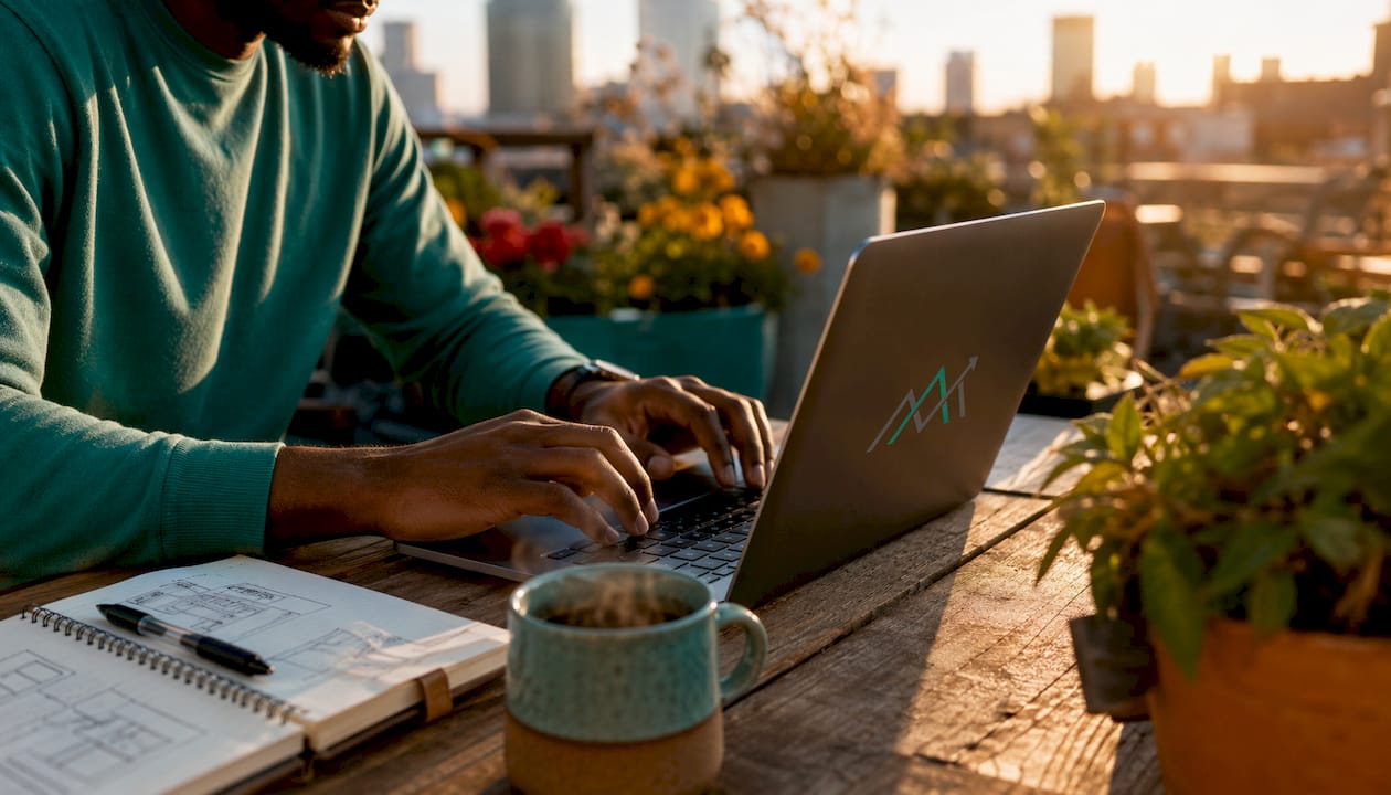 Hands typing on laptop in home office