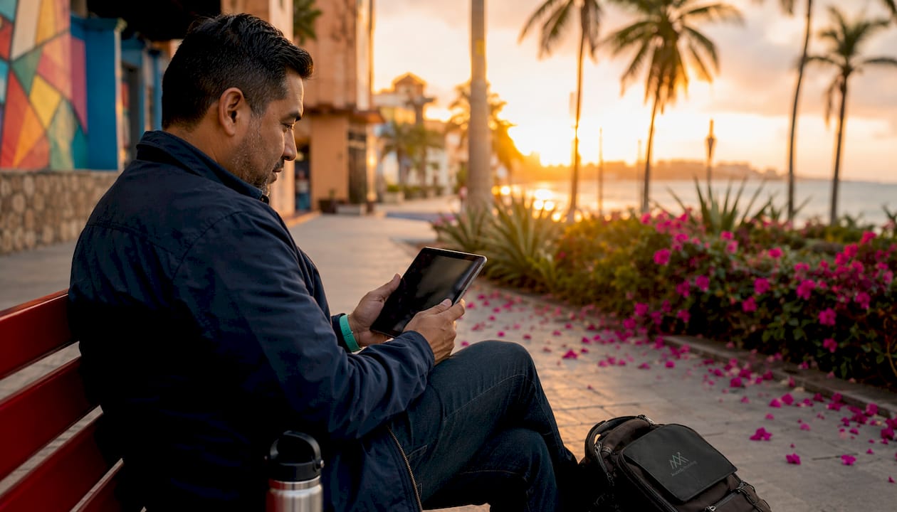 Man using tablet for real-time marketing data outdoors