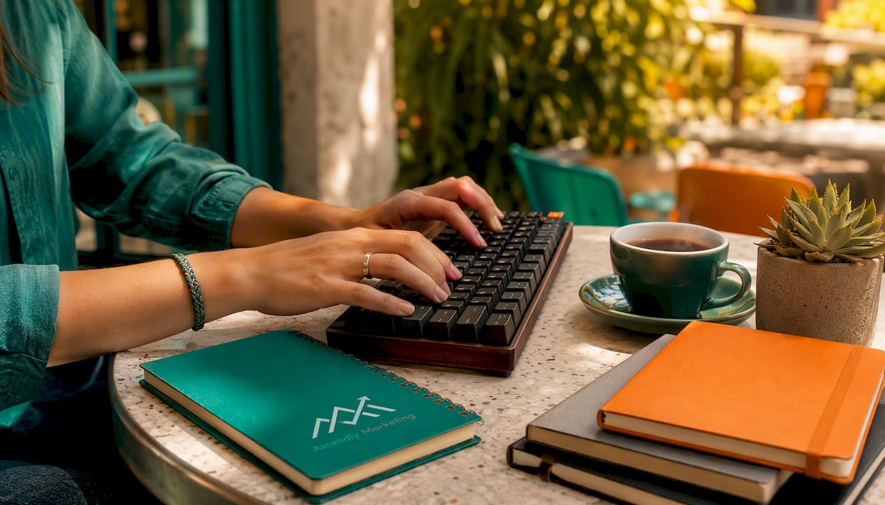 Hands typing seo keywords on keyboard