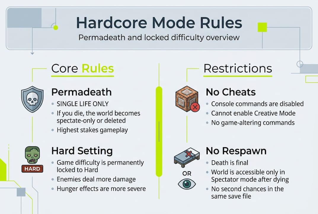Infographic showing Hardcore Mode rules and restrictions