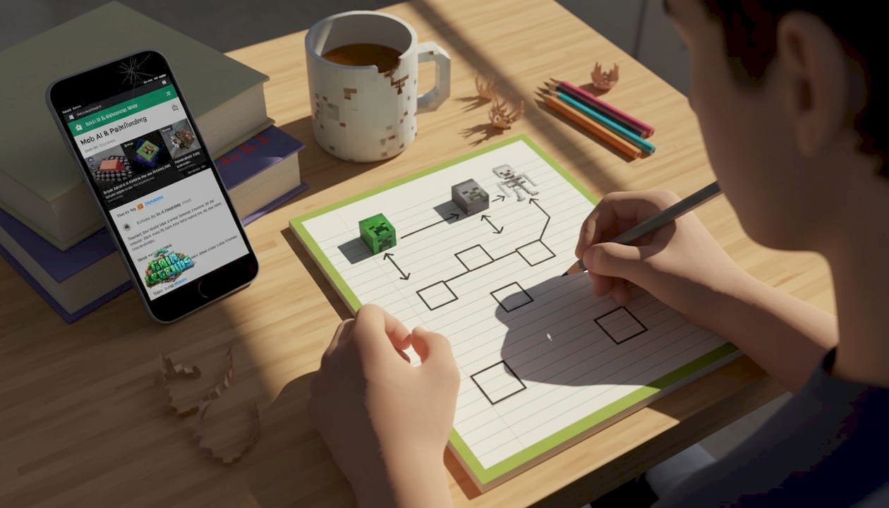 Person sketching Minecraft mob pathfinding diagram