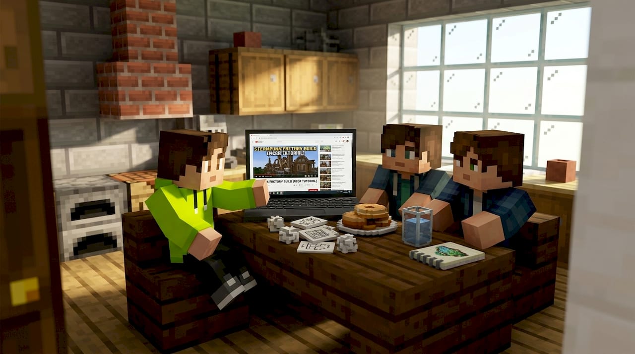 Friends planning Minecraft projects at kitchen table