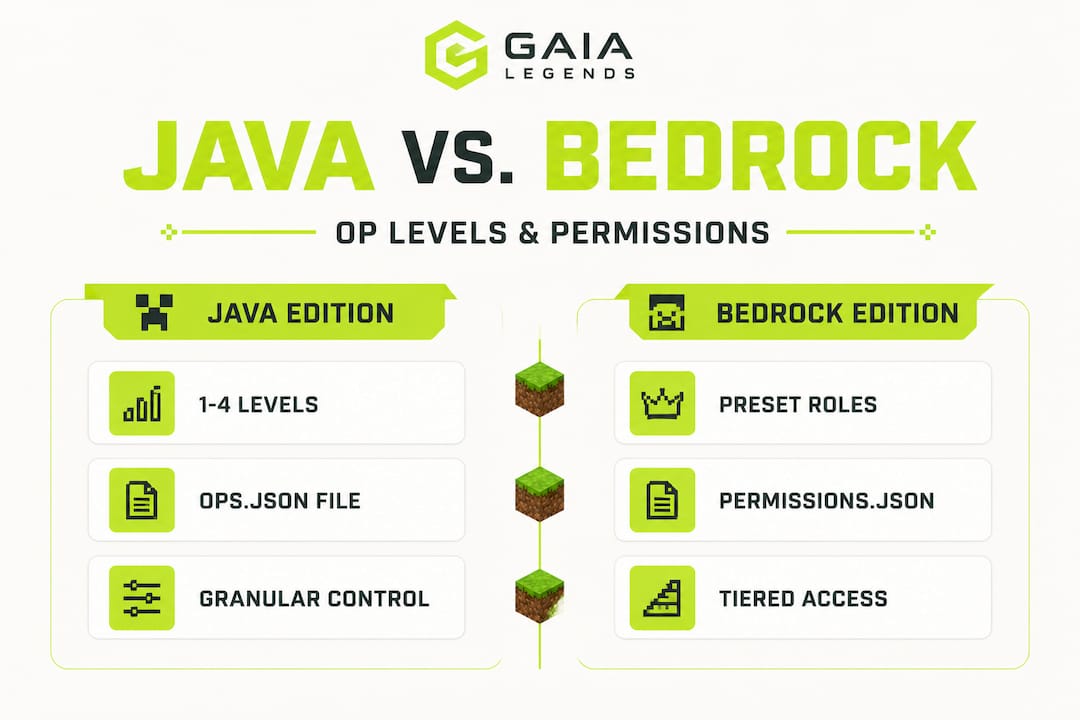 Infographic comparing Minecraft Java and Bedrock OP systems