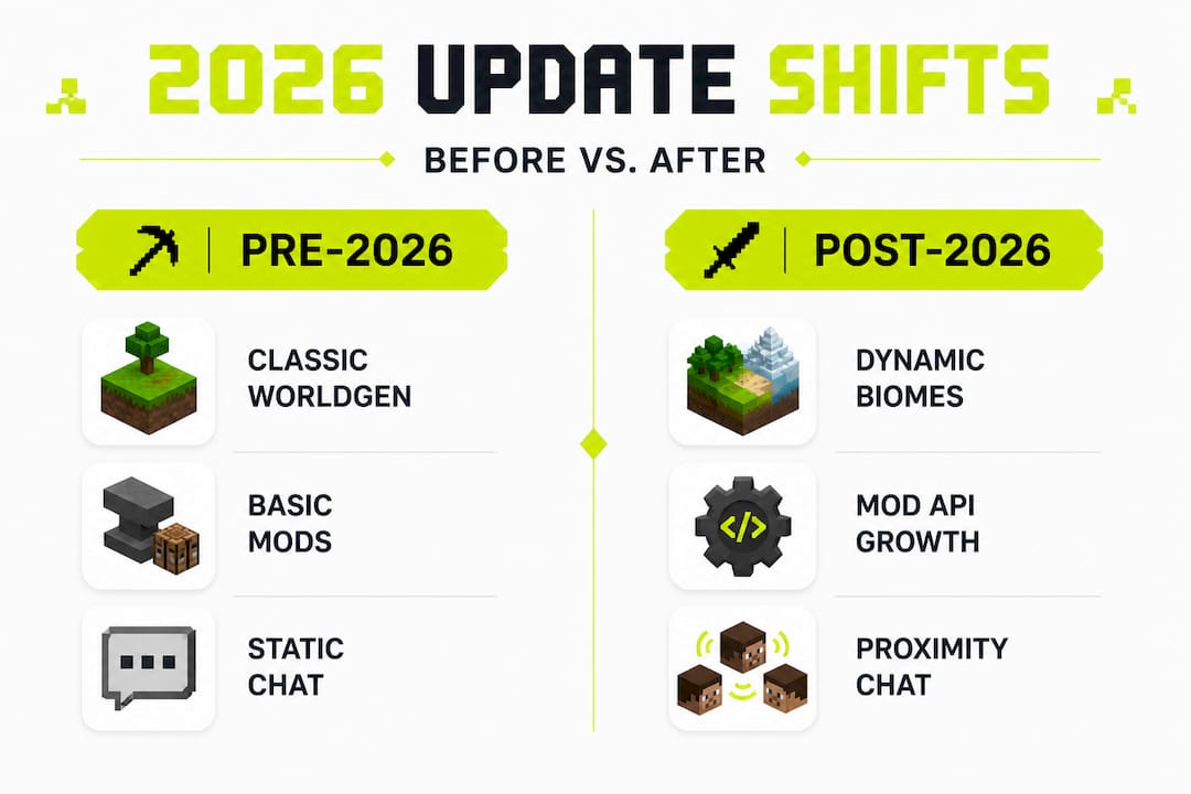 Infographic comparing pre-2026 and post-2026 Minecraft features
