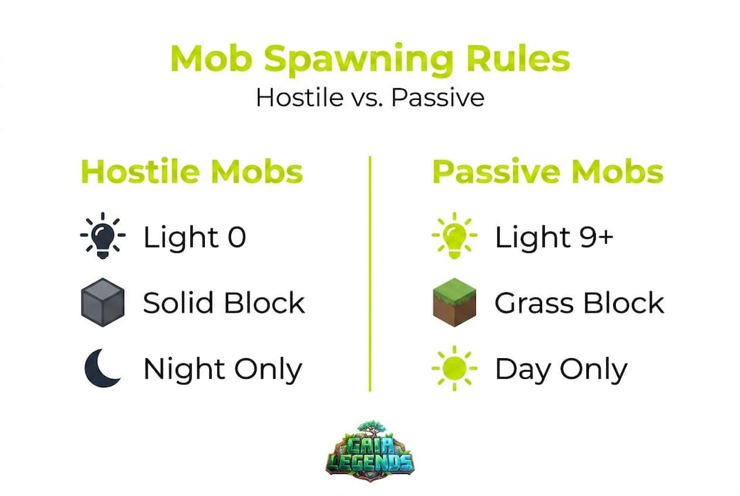 Infographic comparing hostile and passive mob spawning