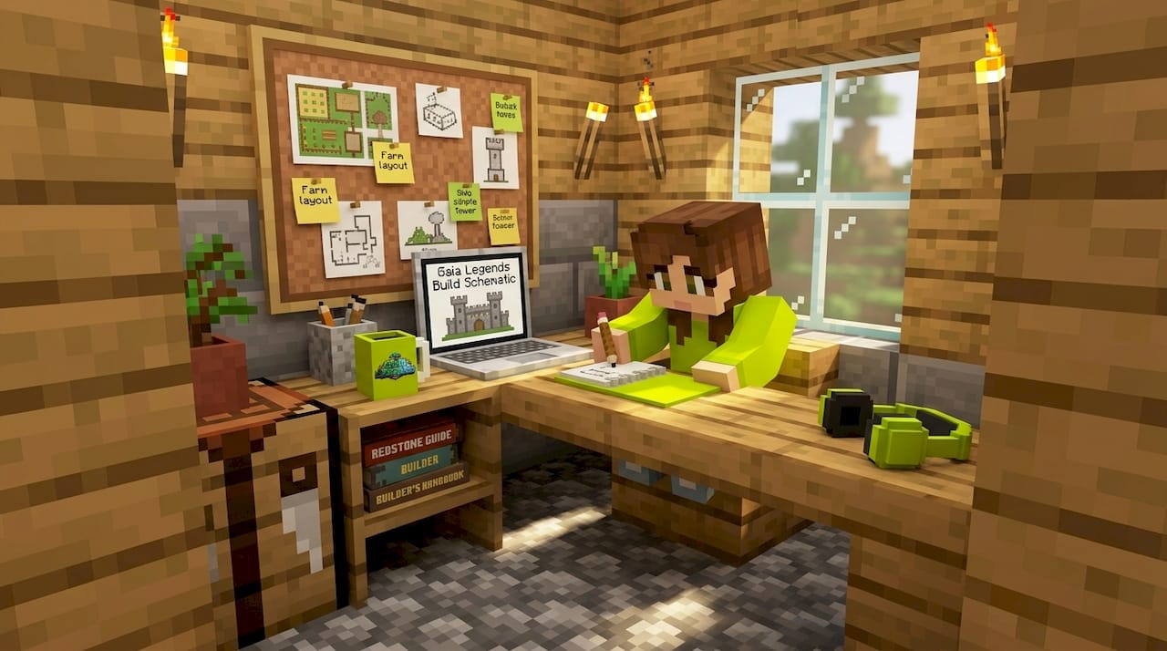 Woman planning creative Minecraft build at desk