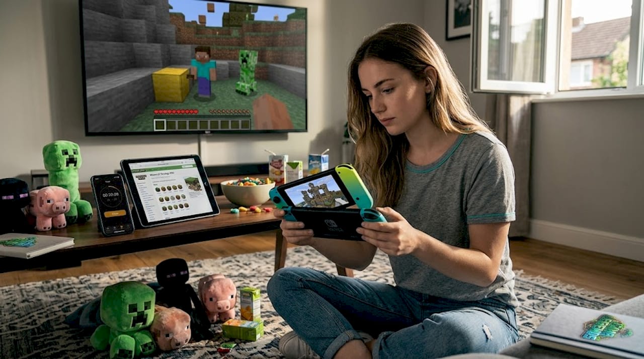 Woman playing Minecraft, referencing combat tactics