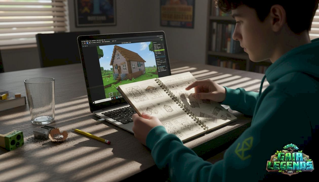 Hands building Minecraft starter house at laptop