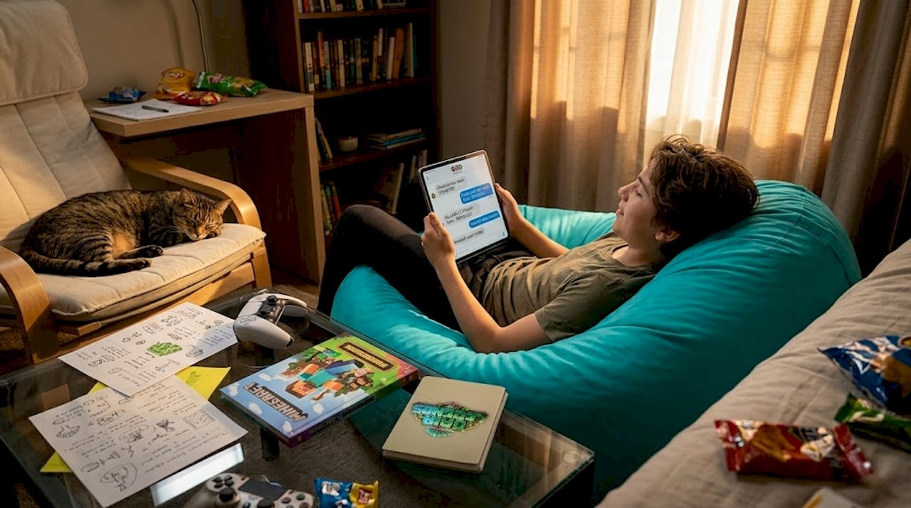 Teen sharing Minecraft seeds with tablet