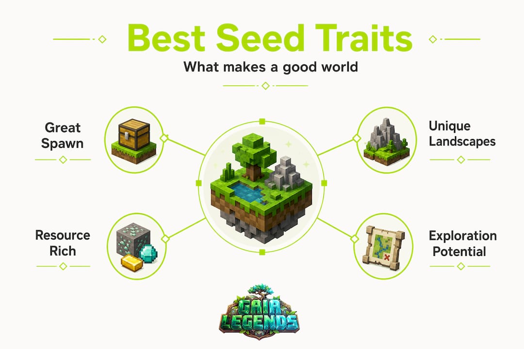 Infographic showing top Minecraft seed qualities