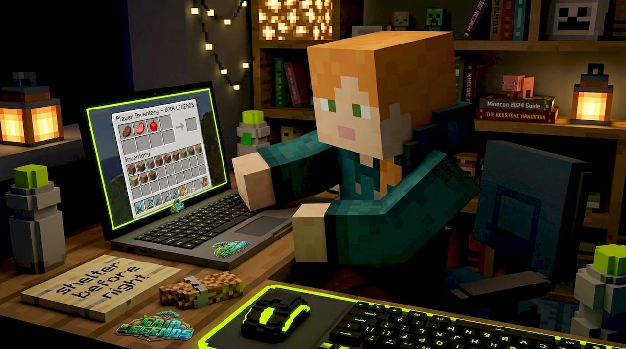 Person gathering Minecraft resources before night