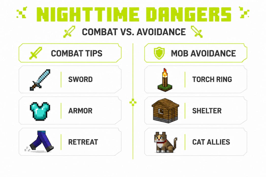 Infographic comparing Minecraft combat and avoidance tactics