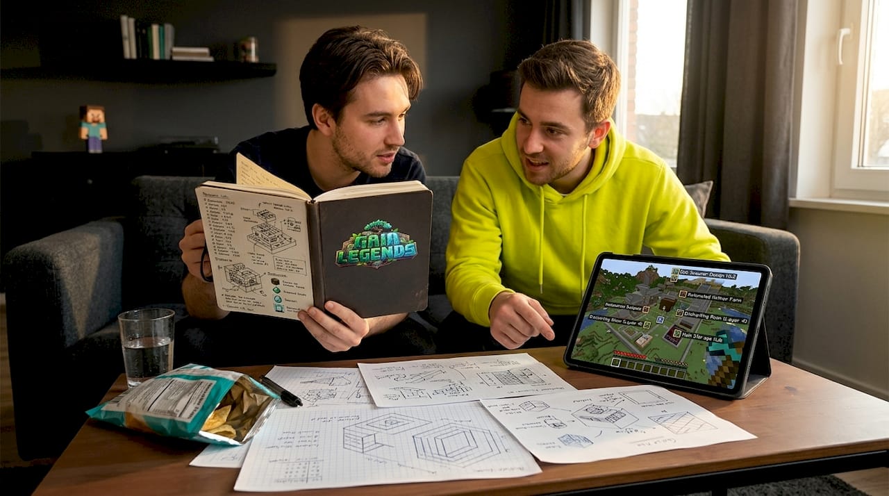 Friends planning Minecraft faction base at kitchen island
