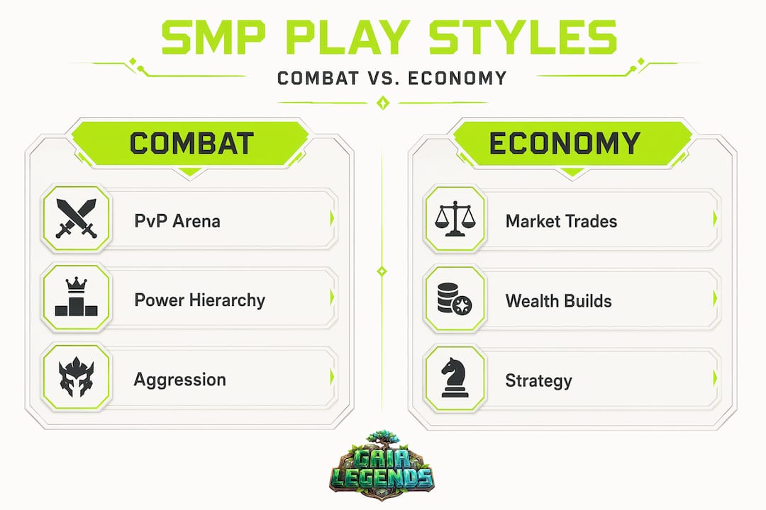 Infographic comparing SMP combat and economy play styles