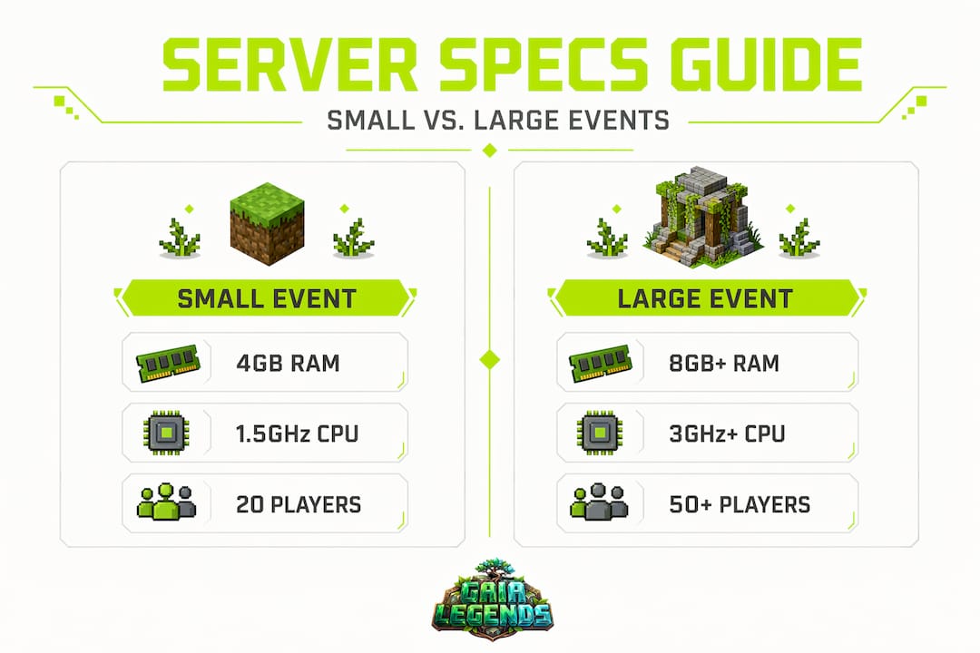 Infographic comparing server specs for small vs large events