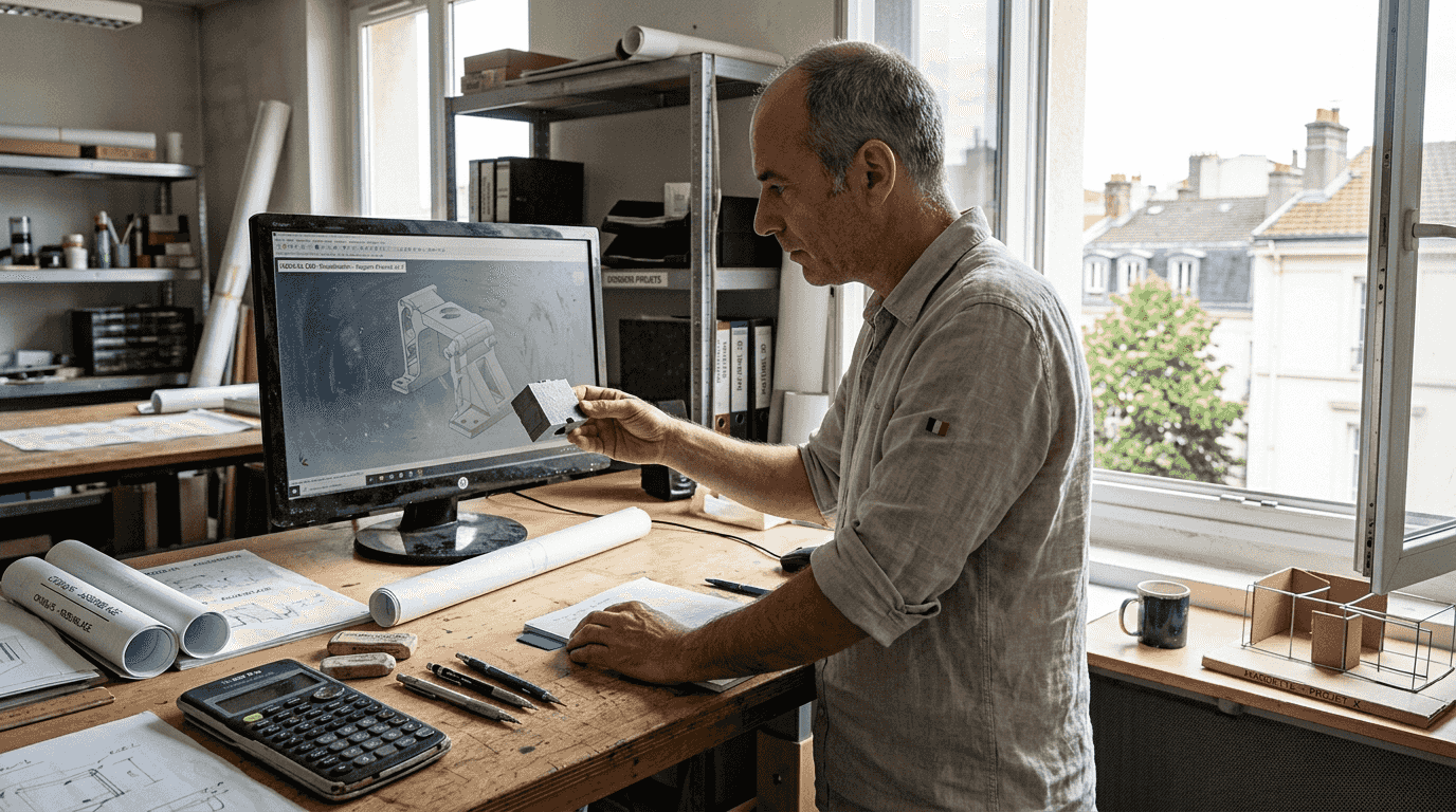 Un designer examine et compare le rendu de l’objet imprimé en 3D avec sa version numérique affichée à l’écran, afin d’évaluer les différences et la fidélité du modèle final.