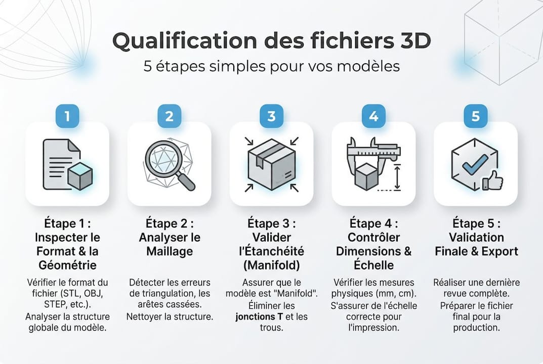 Les différentes étapes pour valider et qualifier vos fichiers 3D en un coup d’œil