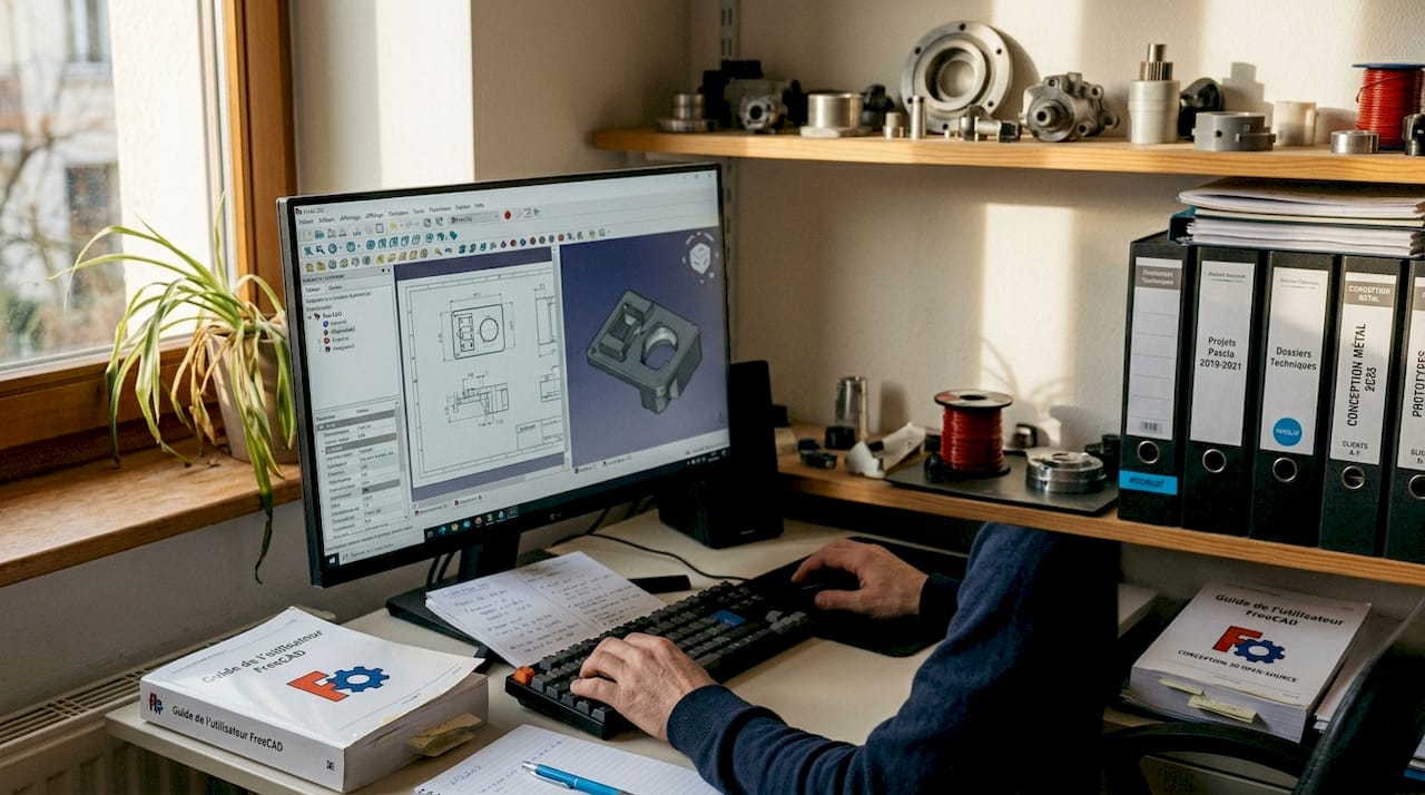 Un designer plongé dans FreeCAD, installé confortablement dans son bureau à la maison.