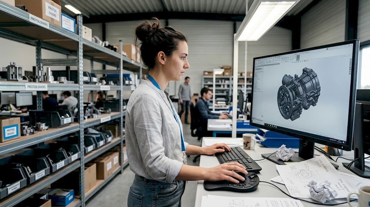An engineer carefully examines a 3D model displayed on her CAD workstation.