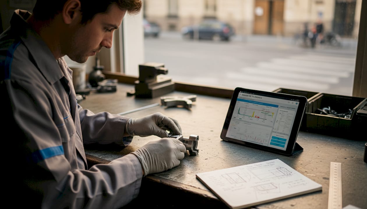 A technician checks the conformity of metal parts by verifying tolerances.