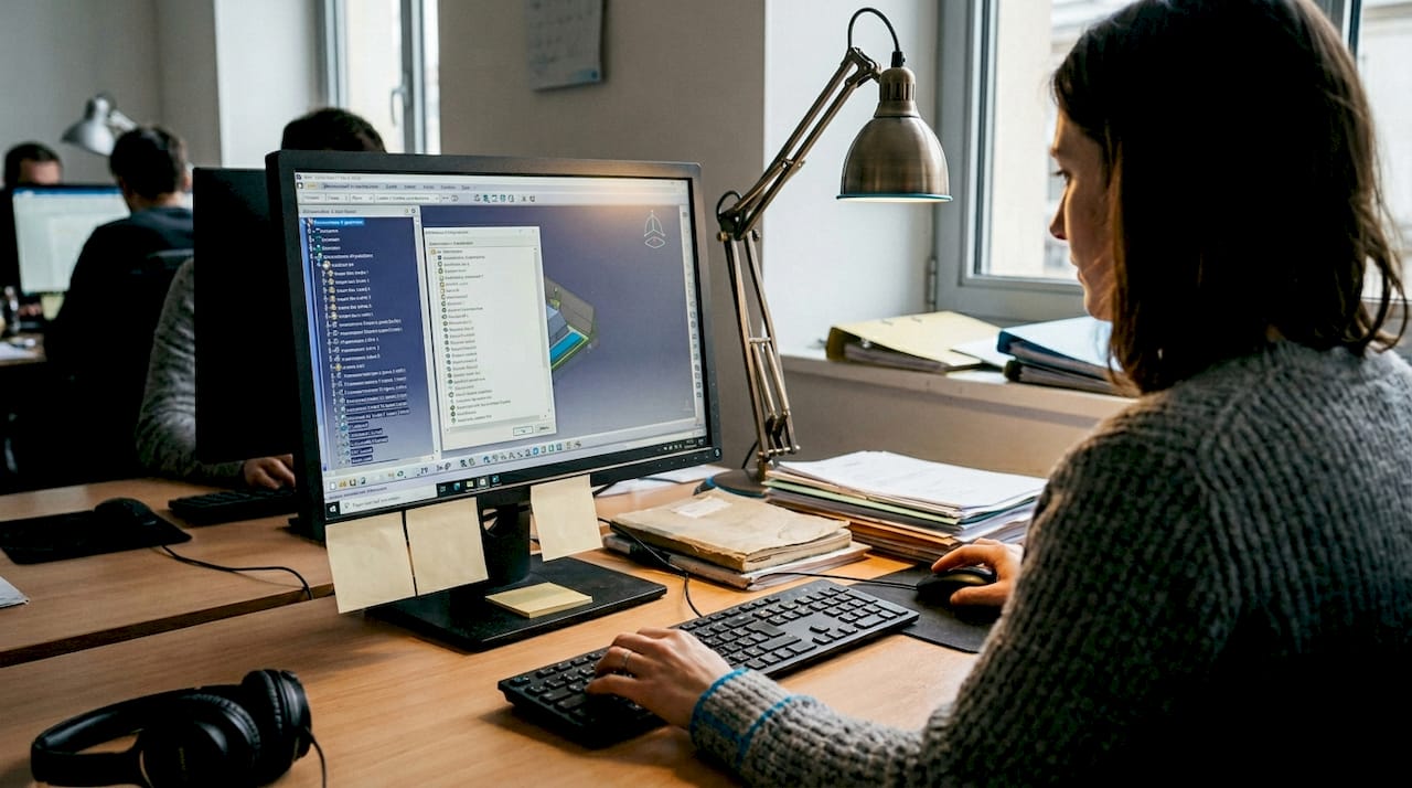 A colleague consults the history of computer-aided design projects directly on her screen.