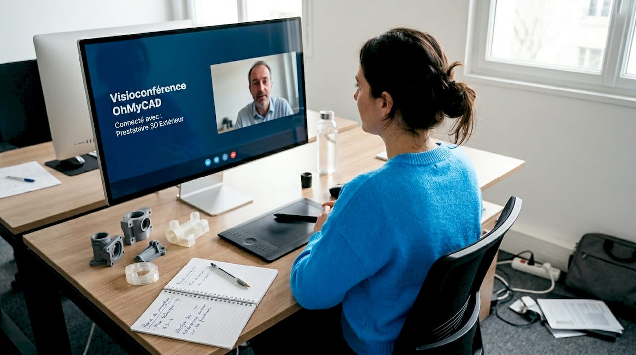 Fachkraft, die remote in Zusammenarbeit mit einem Experten für 3D-Modellierung arbeitet