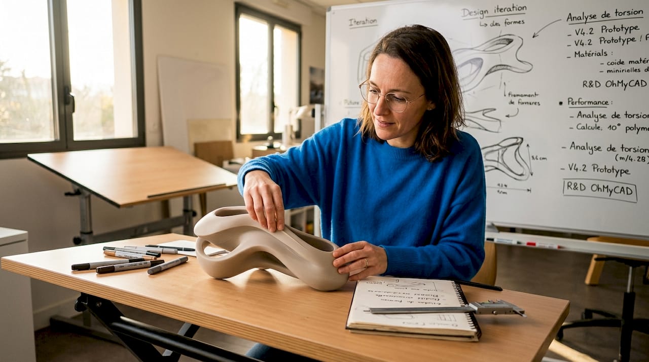 Een ontwerper onderzoekt aandachtig een gebogen prototype gemaakt met 3D-printen.