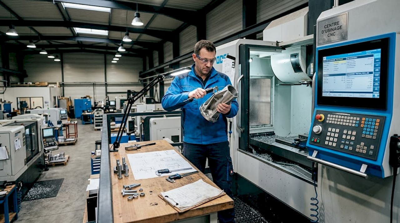 A technician examines a hybrid manufacturing process integrating 3D printing.